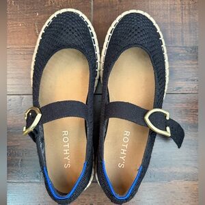 Rothy's Black Knit Mary Jane Flats with Gold Heart Buckles